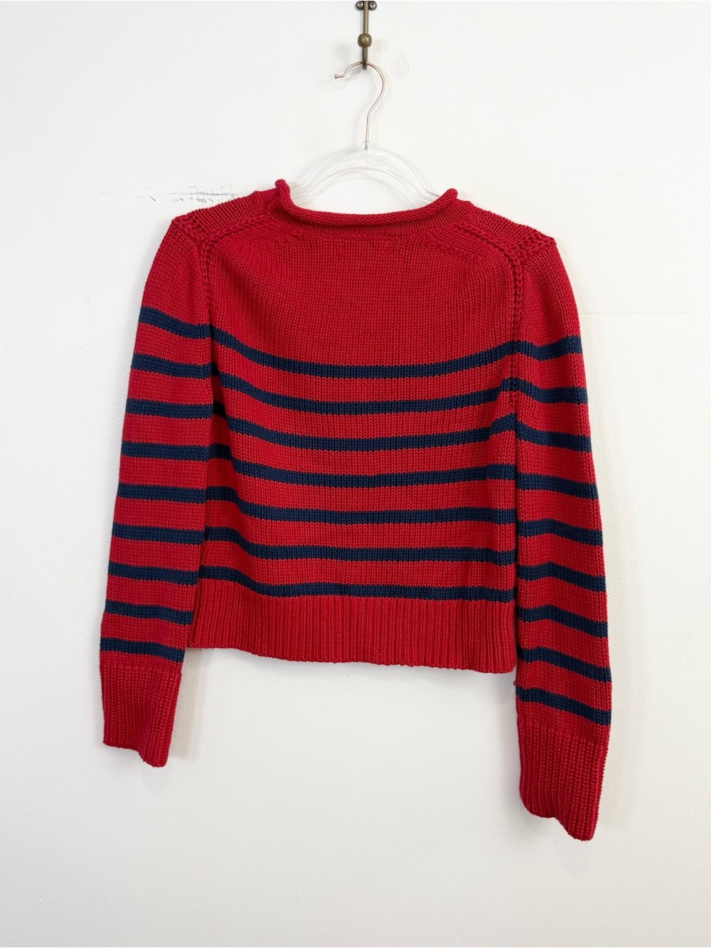 J.Crew Red Navy Stripe Rollneck Cotton Sweater Cropped Knit Size M - Picture 5 of 5